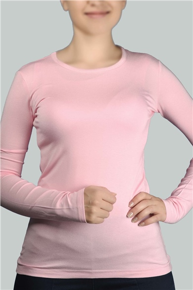 Long Sleeve Crew Neck Lycra Combed Cotton Womens Body - Light Pink